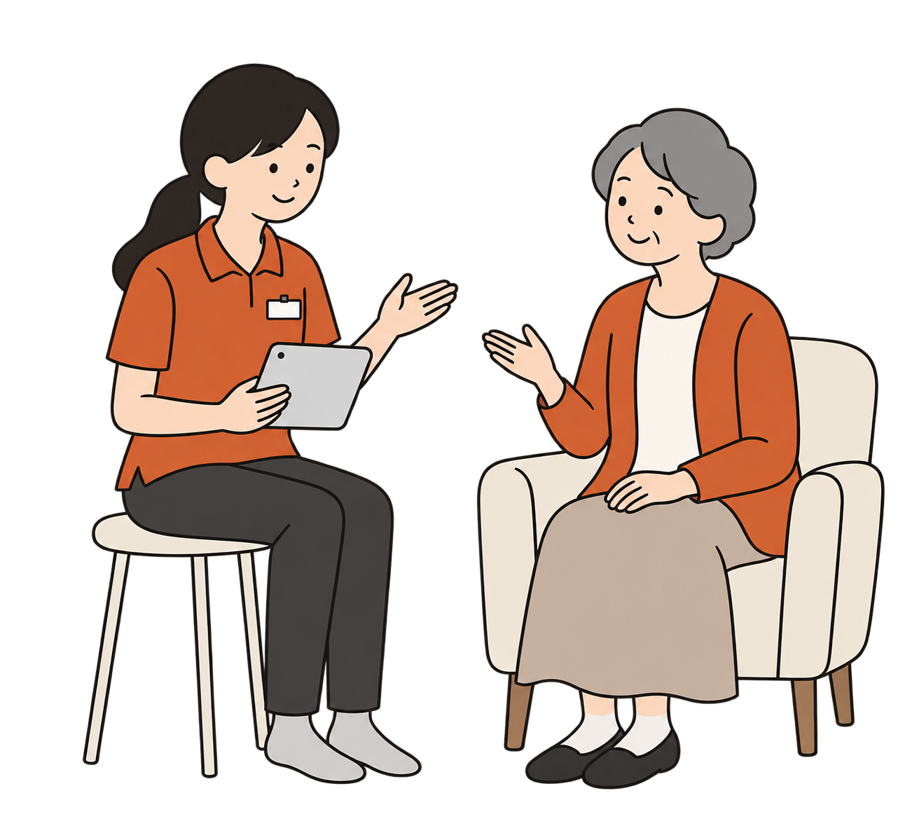 訪問先で利用者の話を聞き取る介護スタッフのイラスト